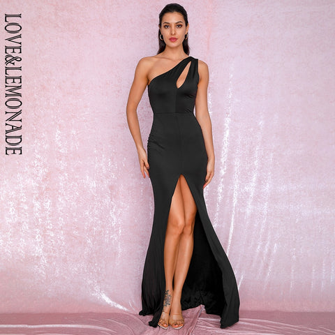 Sexy Black One-Shoulder Cut Out Bodycon Elastic Material Split Party