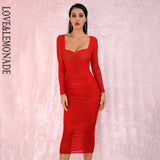 Sexy Square Collar Red Elastic Mesh Slim Long Sleeve Over-The-Knee