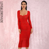 Sexy Square Collar Red Elastic Mesh Slim Long Sleeve Over-The-Knee
