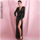 Sexy Silver Deep V-neck Draped Elastic Sequins Cross Open bodycon Long Sleeve