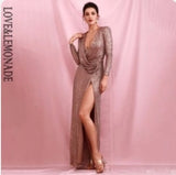 Sexy Silver Deep V-neck Draped Elastic Sequins Cross Open bodycon Long Sleeve