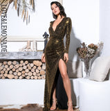 Sexy Gold Deep V-Neck Cut Out Puff Sleeves Glitter Sequins Elastic Material