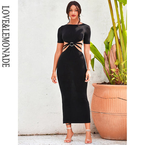 Black Round Neck Short Sleeves Open Back Metal Ring Thin Belt Bodycon Knitted