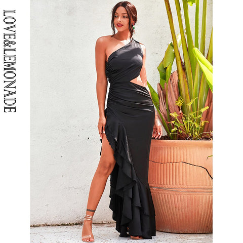 Sexy Black Off-Shoulder Cut-Out Split Ruffled Reflective Satin